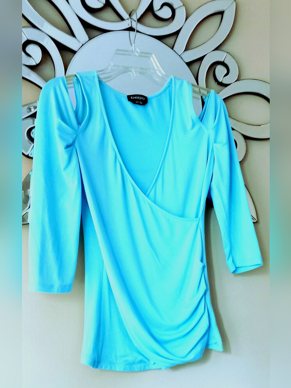 bebe Aqua Cold-Shoulder Wrap Top